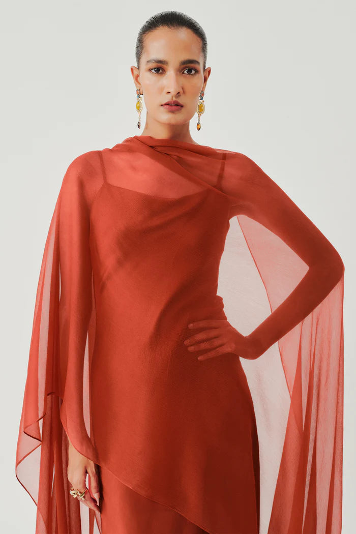 rust silk slip dress Satin Cowl Slip Wrap Midi Dress Rust Brown