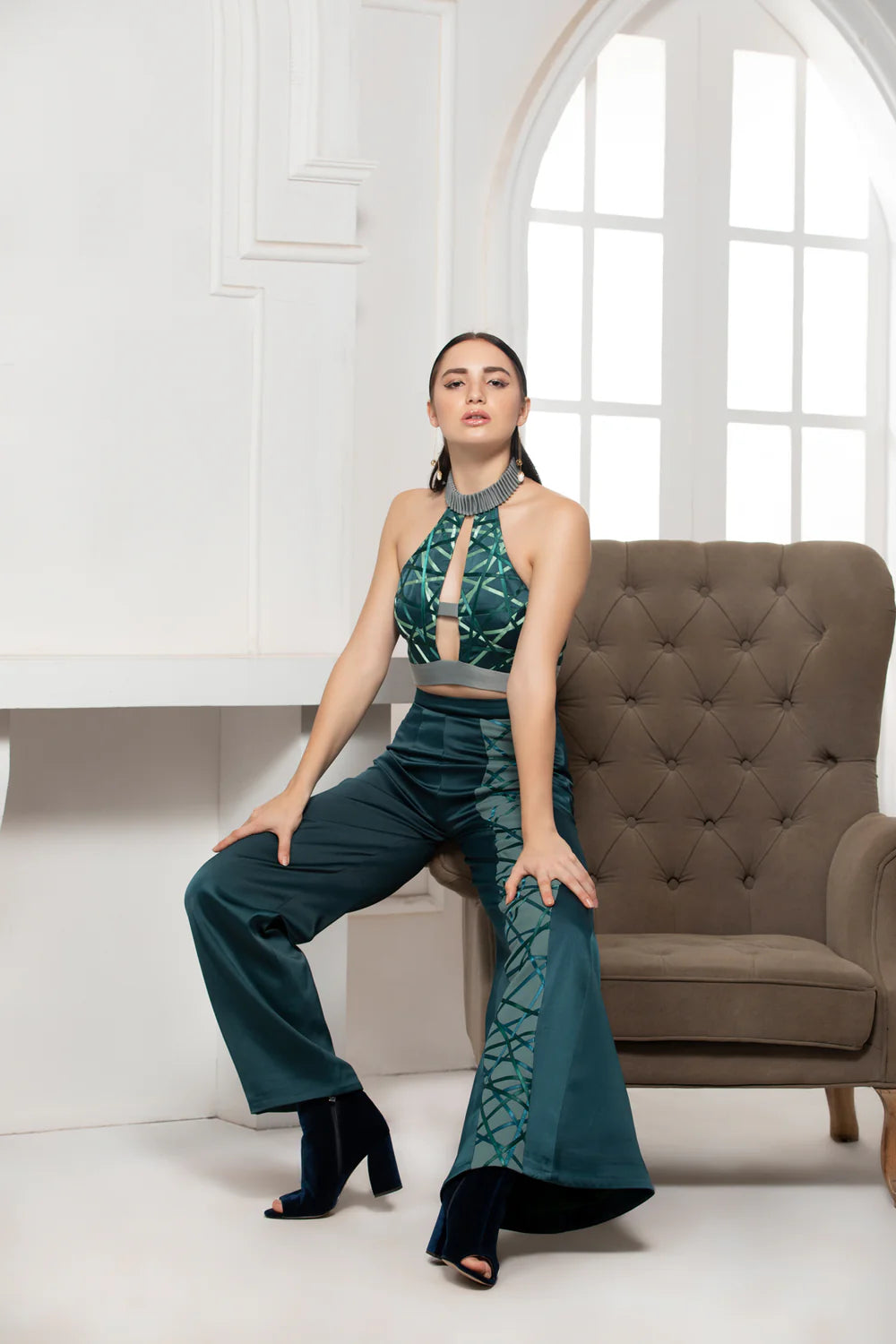 Green Monotone Flared Satin Textile Trouser