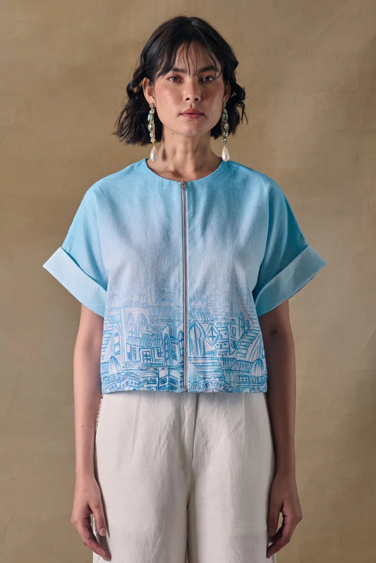 Blue Landscape Kimono Top