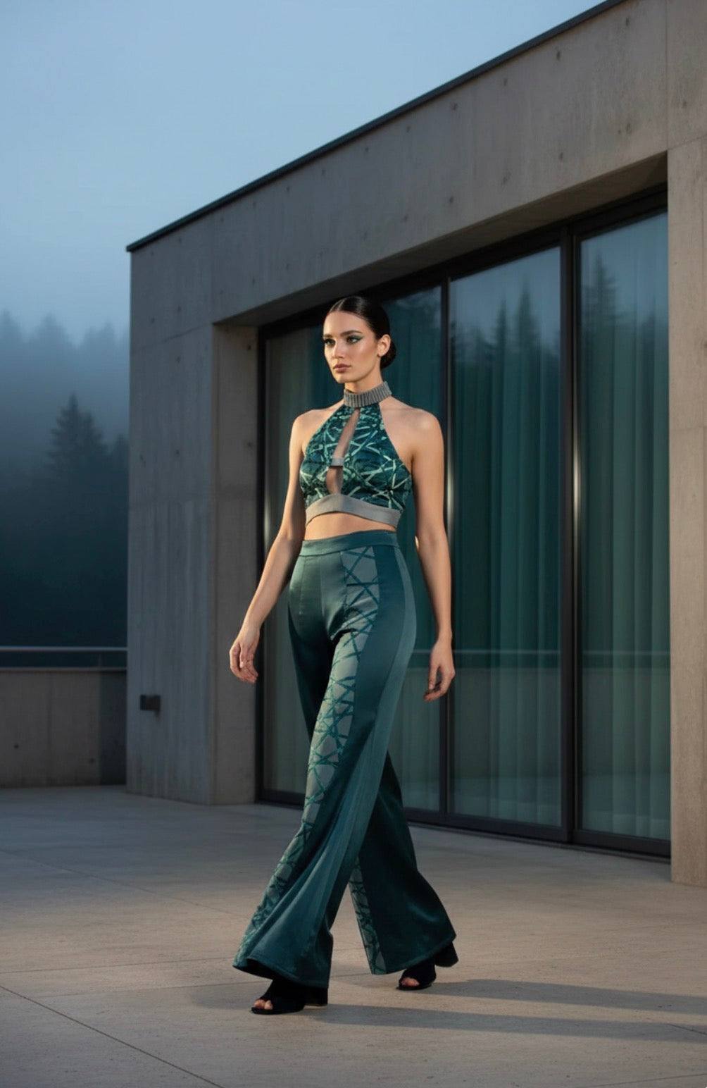 Green Monotone Flared Satin Textile Trouser