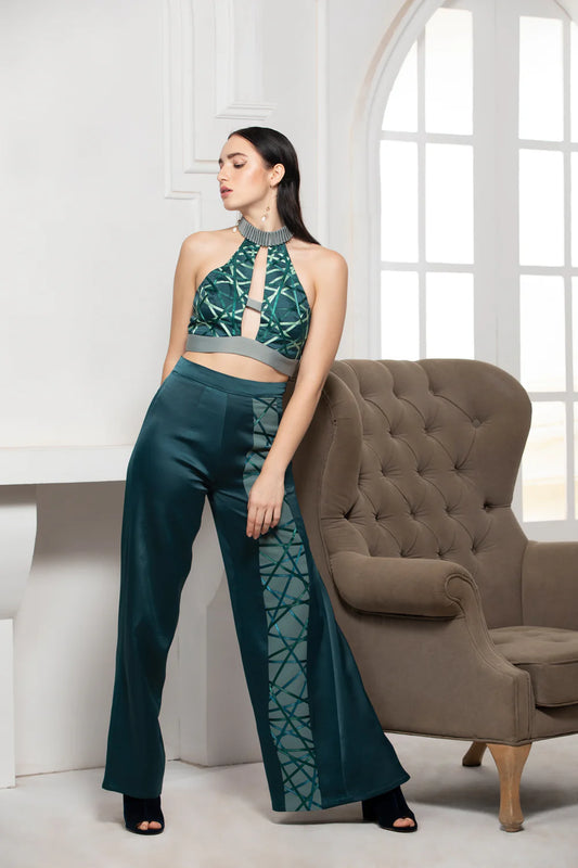 Green Monotone Flared Satin Textile Trouser