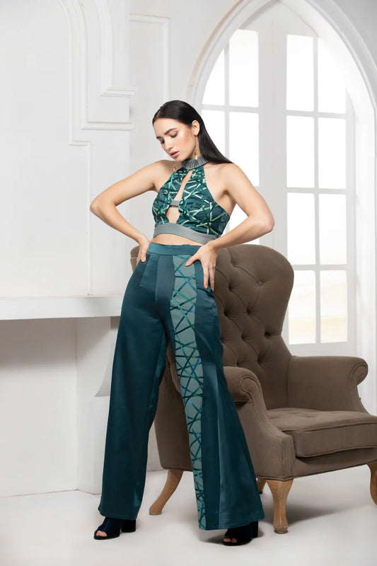 Green Monotone Flared Satin Textile Trouser